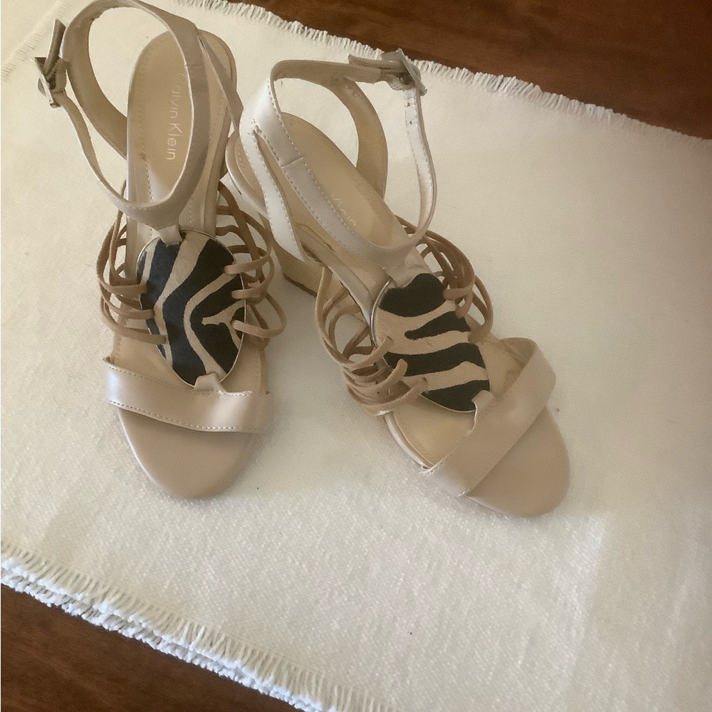 Calvin Klein Beige Strappy Heeled Sandals with Zebra Accent
